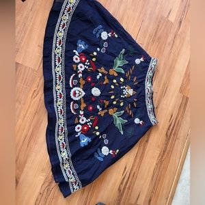 Cute blue embroidered floral flared midi skirt